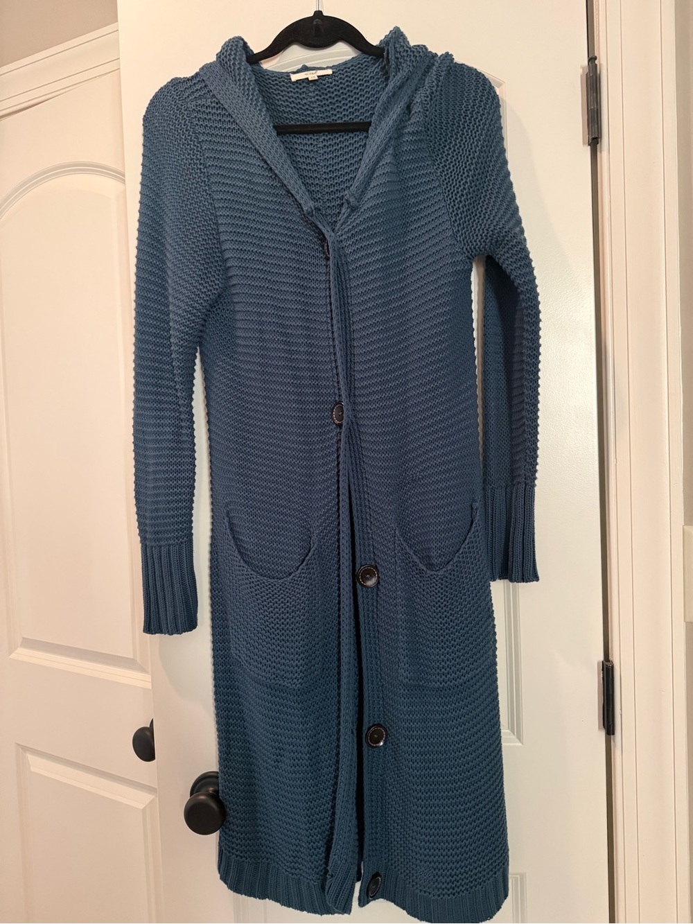 Easel Long Hooded Knit Cardigan Sweater in a deep Stunning Blue